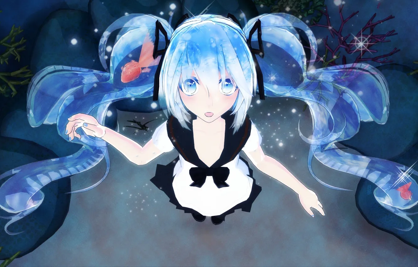 Photo wallpaper girl, fish, art, schoolgirl, vocaloid, Vocaloid, bottle miku