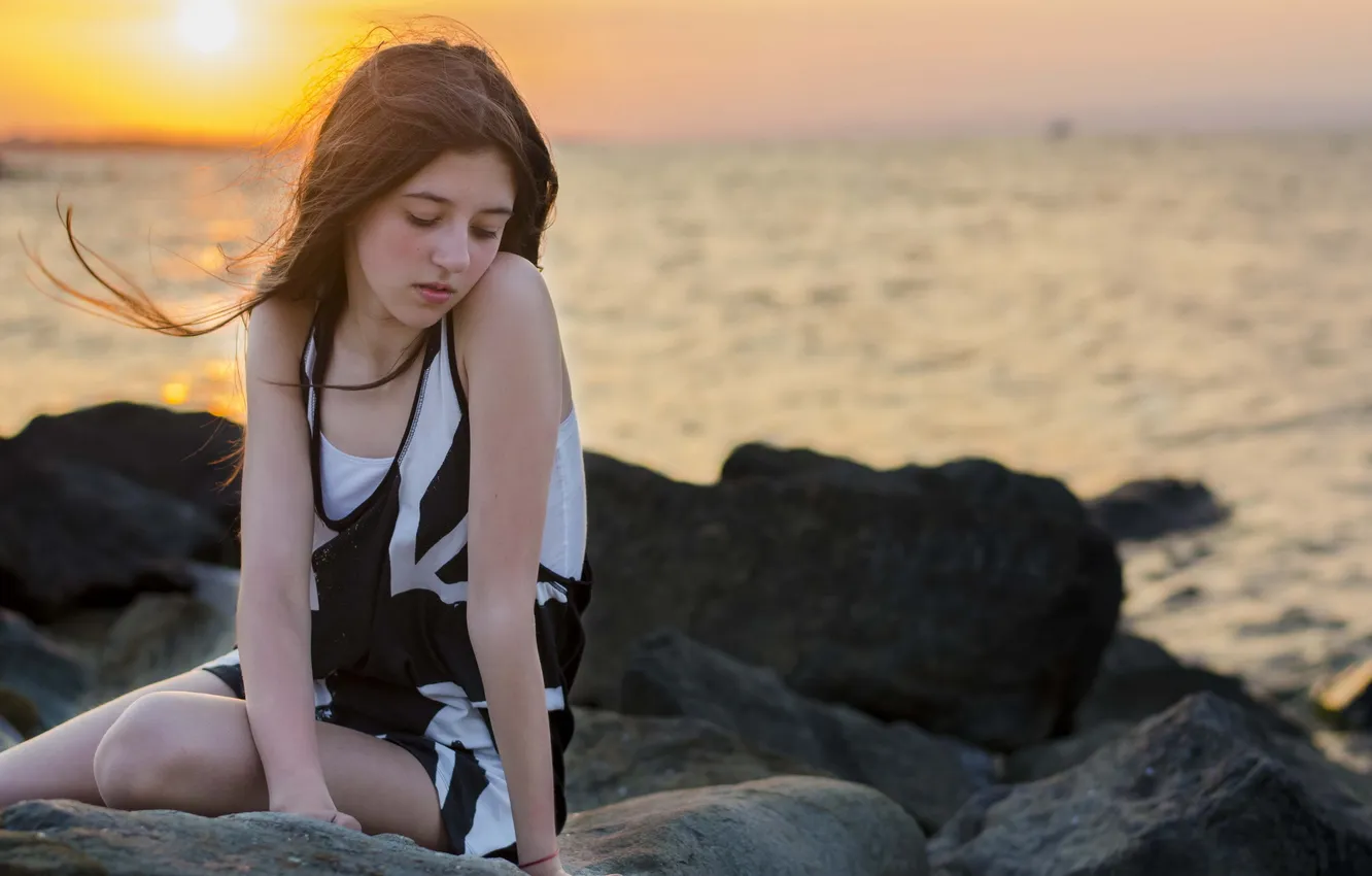 Photo wallpaper sea, girl, sunset, mood