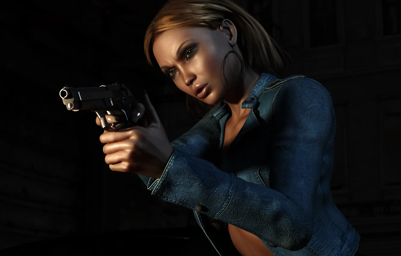 Photo wallpaper girl, gun, jacket, render, denim