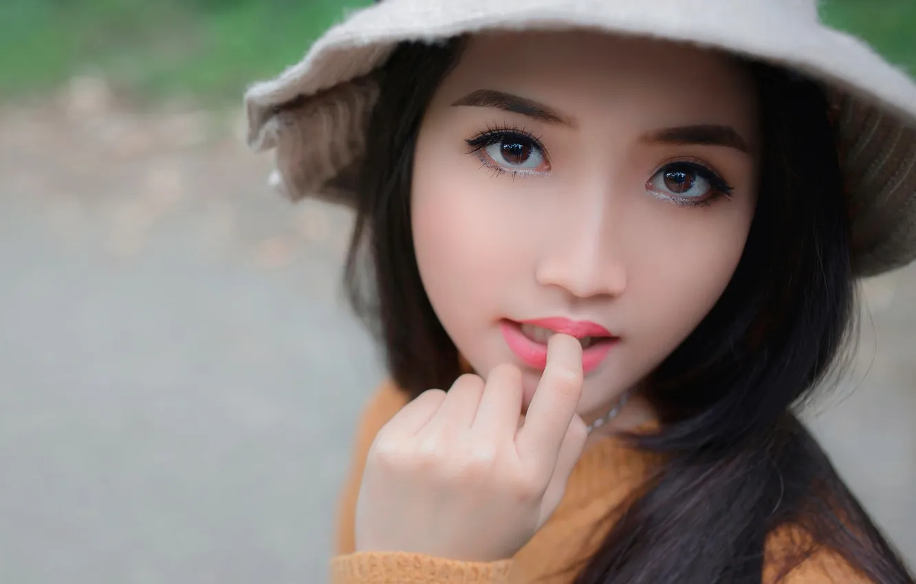 Photo wallpaper eyes, face, portrait, hat, Asian