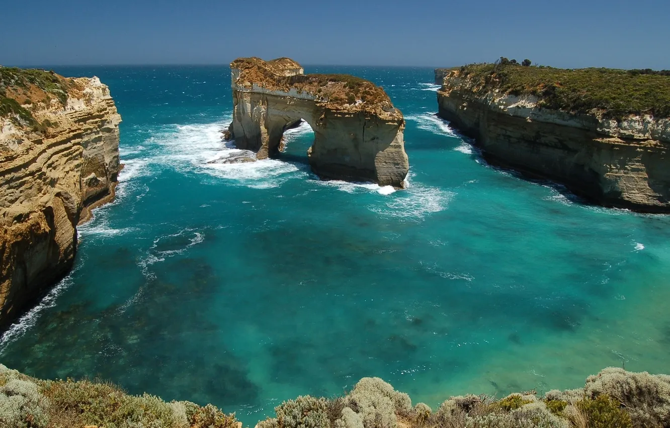 Photo wallpaper sea, wave, water, rocks, shore, arch