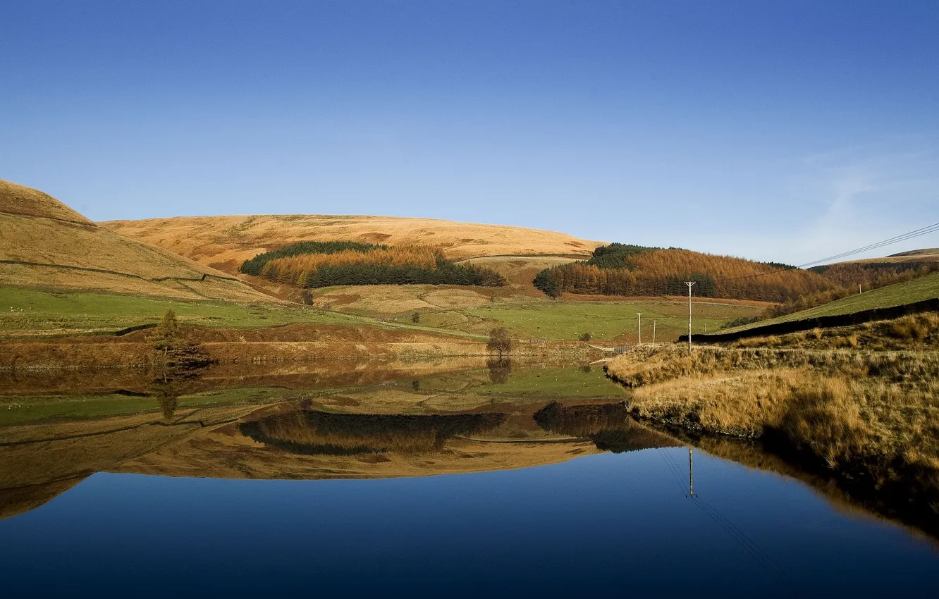 Photo wallpaper autumn, the sky, mountains, lake, reflection, hills