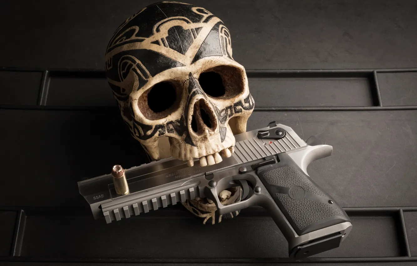 Photo wallpaper gun, patterns, skull