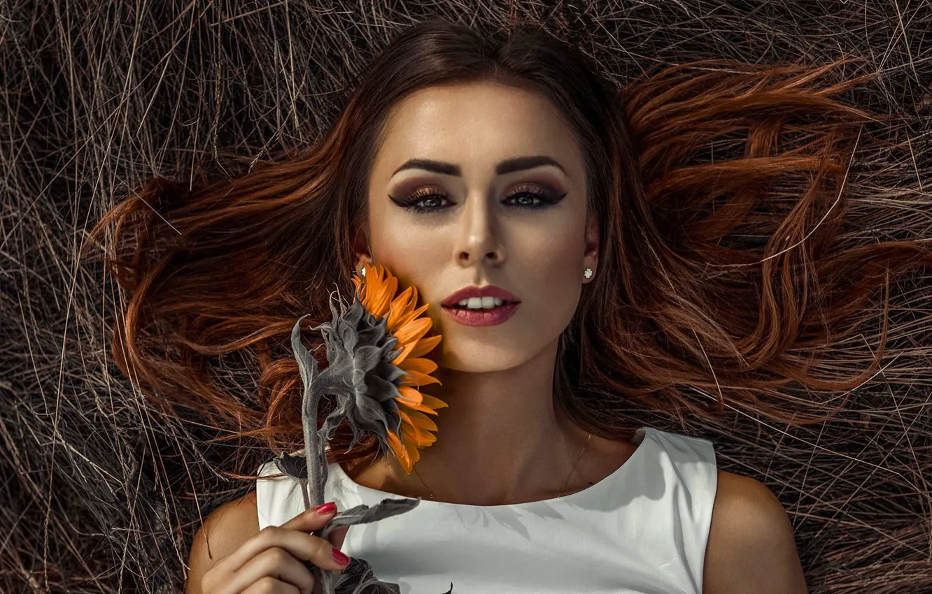 Photo wallpaper look, sunflowers, face, makeup, hay, Damian Feather, Catherine Dumplings