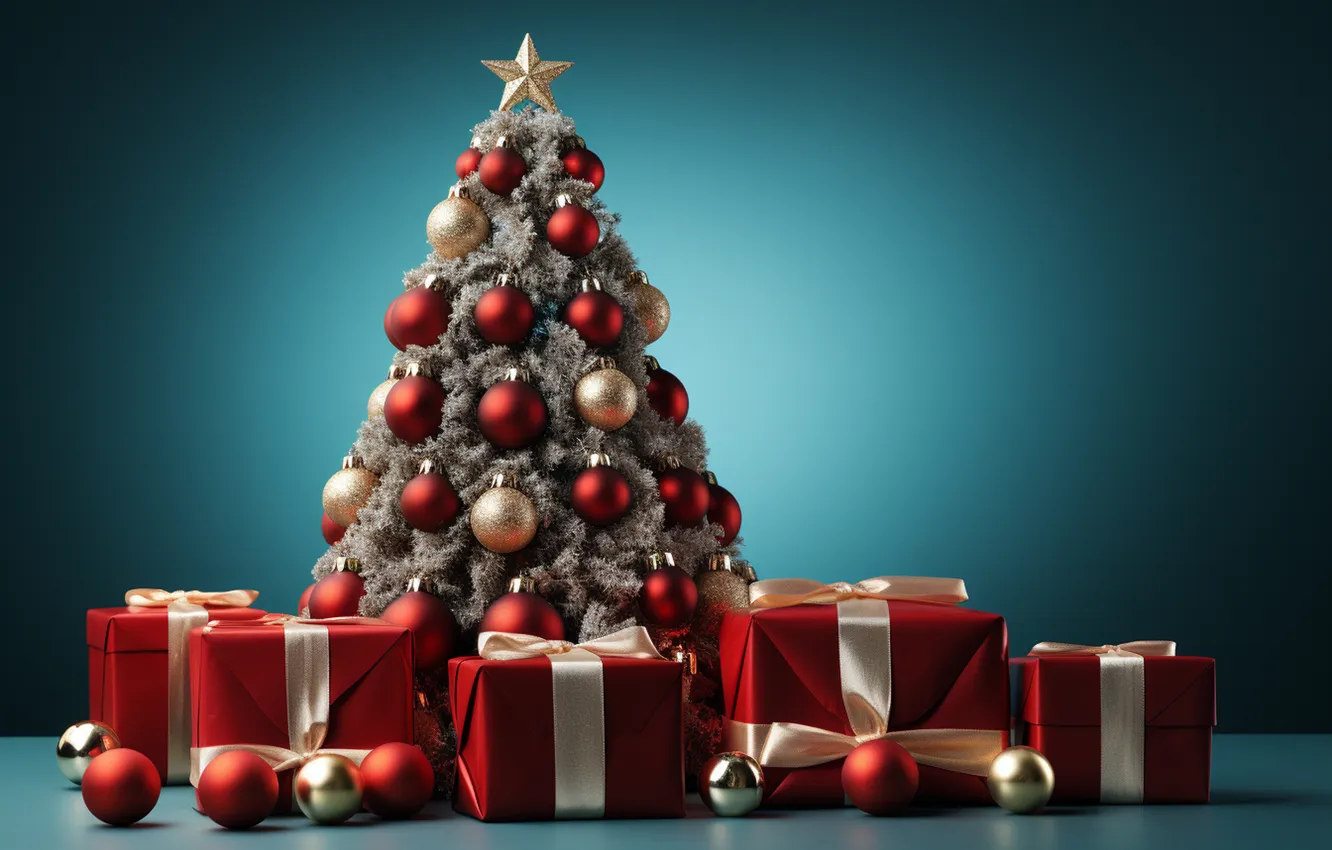 Photo wallpaper gift, tree, new year, Christmas, Christmas, tree, decoration, Gift Boxes