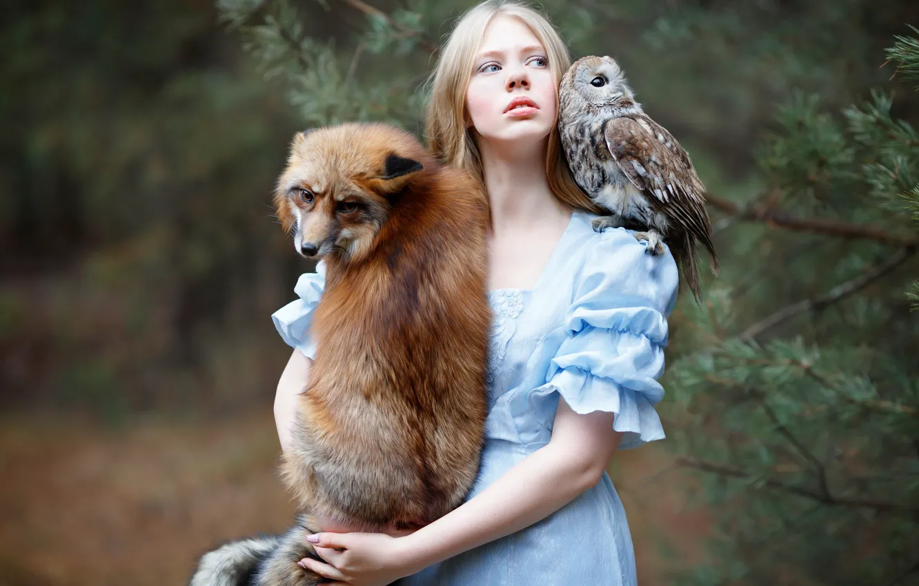 Photo wallpaper girl, owl, bird, Fox, red, friends, Julia Kowalska, photographer Svetlana Nicotine