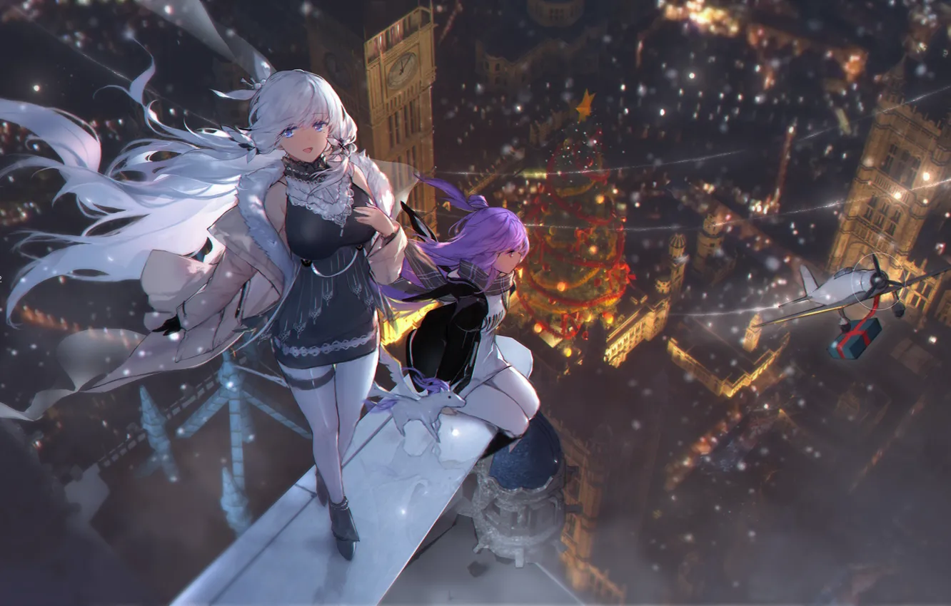 Photo wallpaper girl, night, the city, tree, new year, the plane, unicorn, ILLUSTRIOUS