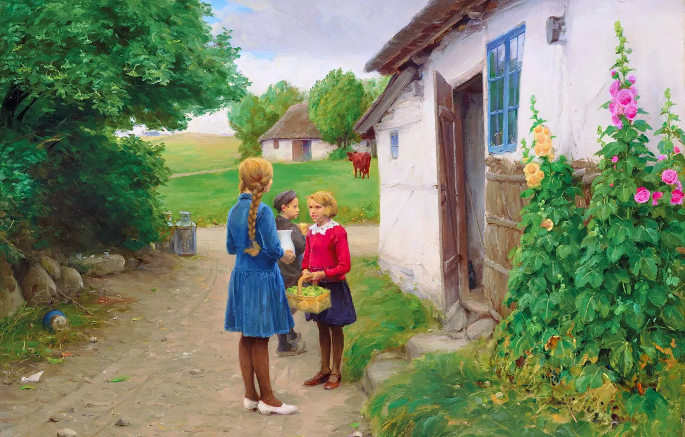 Photo wallpaper children, home, picture, Danish painter, Hans Andersen Brendekilde, Hans Andersen Brendekilde, Rural children