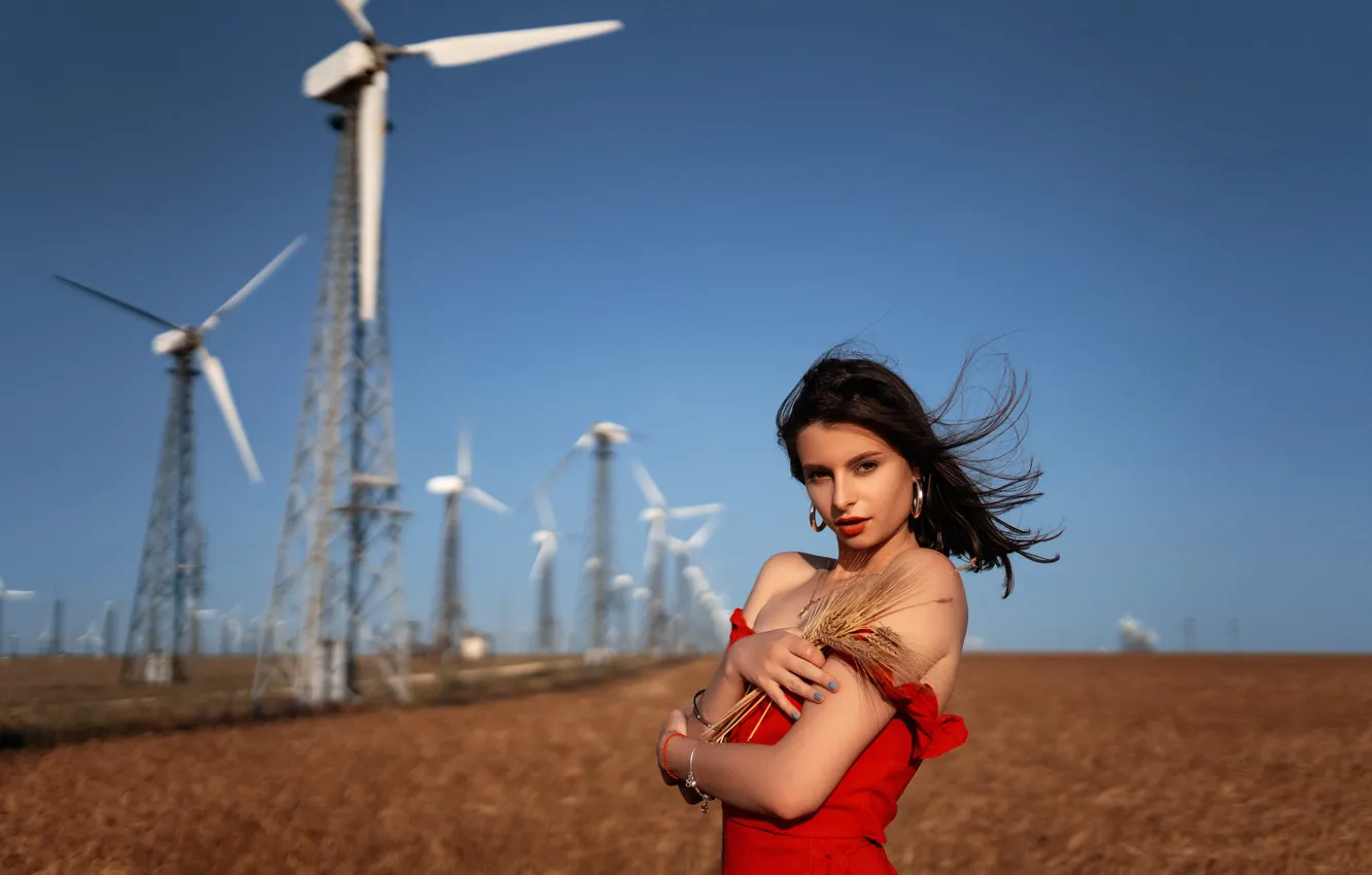 Photo wallpaper girl, the wind, windmills, Lena