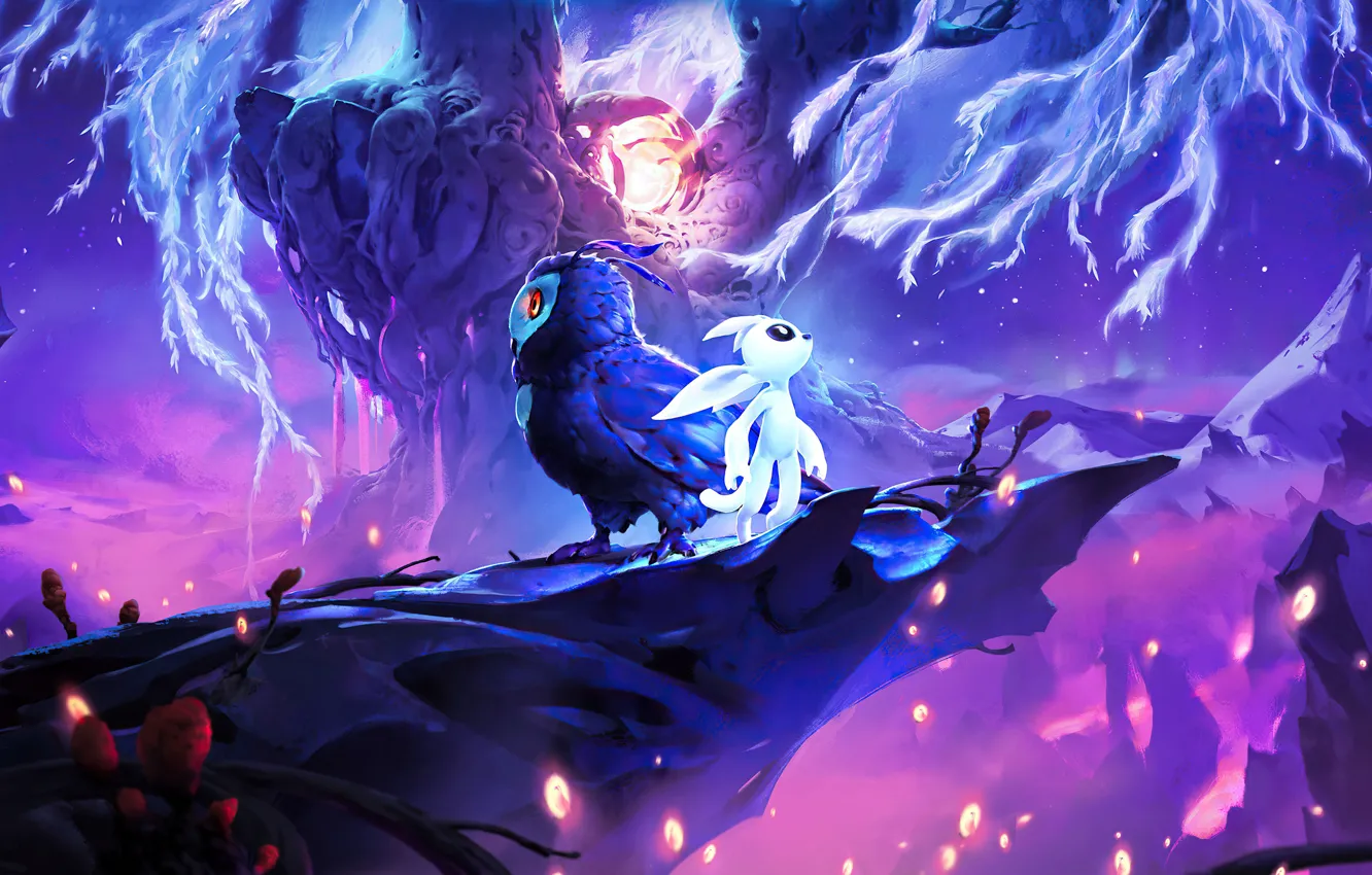 Photo wallpaper owl, the game, lights, game, character, character, Ori, Moon Studios