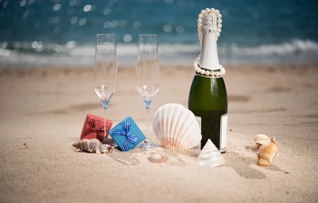 Photo wallpaper sand, sea, beach, the sun, glare, shore, bottle, glasses