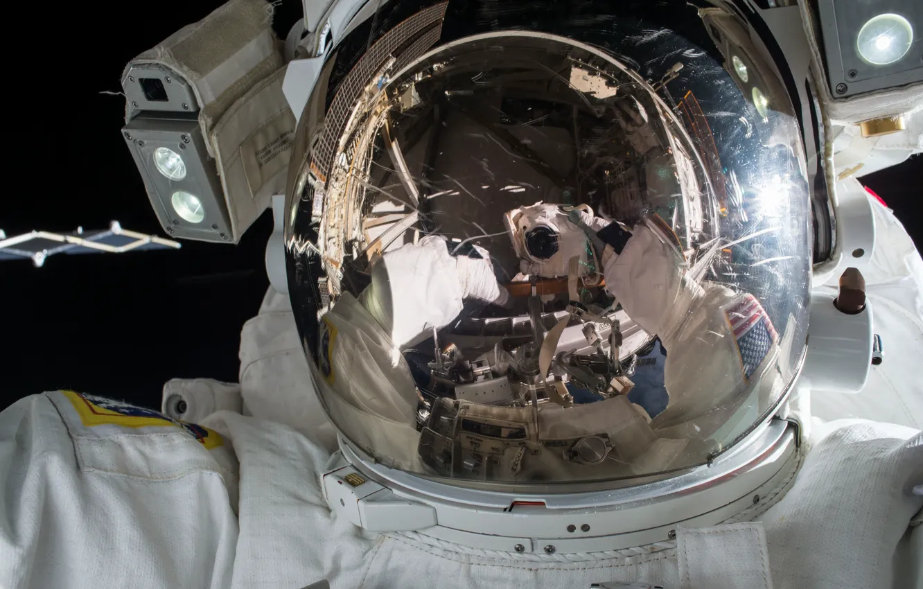 Photo wallpaper space, reflection, satellite, the suit, helmet, NASA, the, astronaut