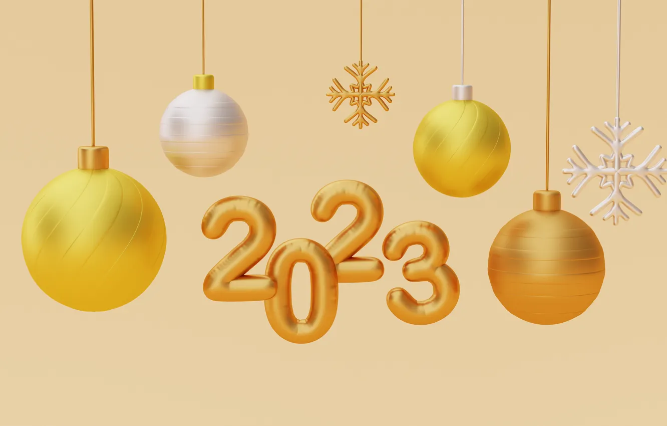 Photo wallpaper balls, rendering, balls, yellow, figures, New year, gold, snowflake