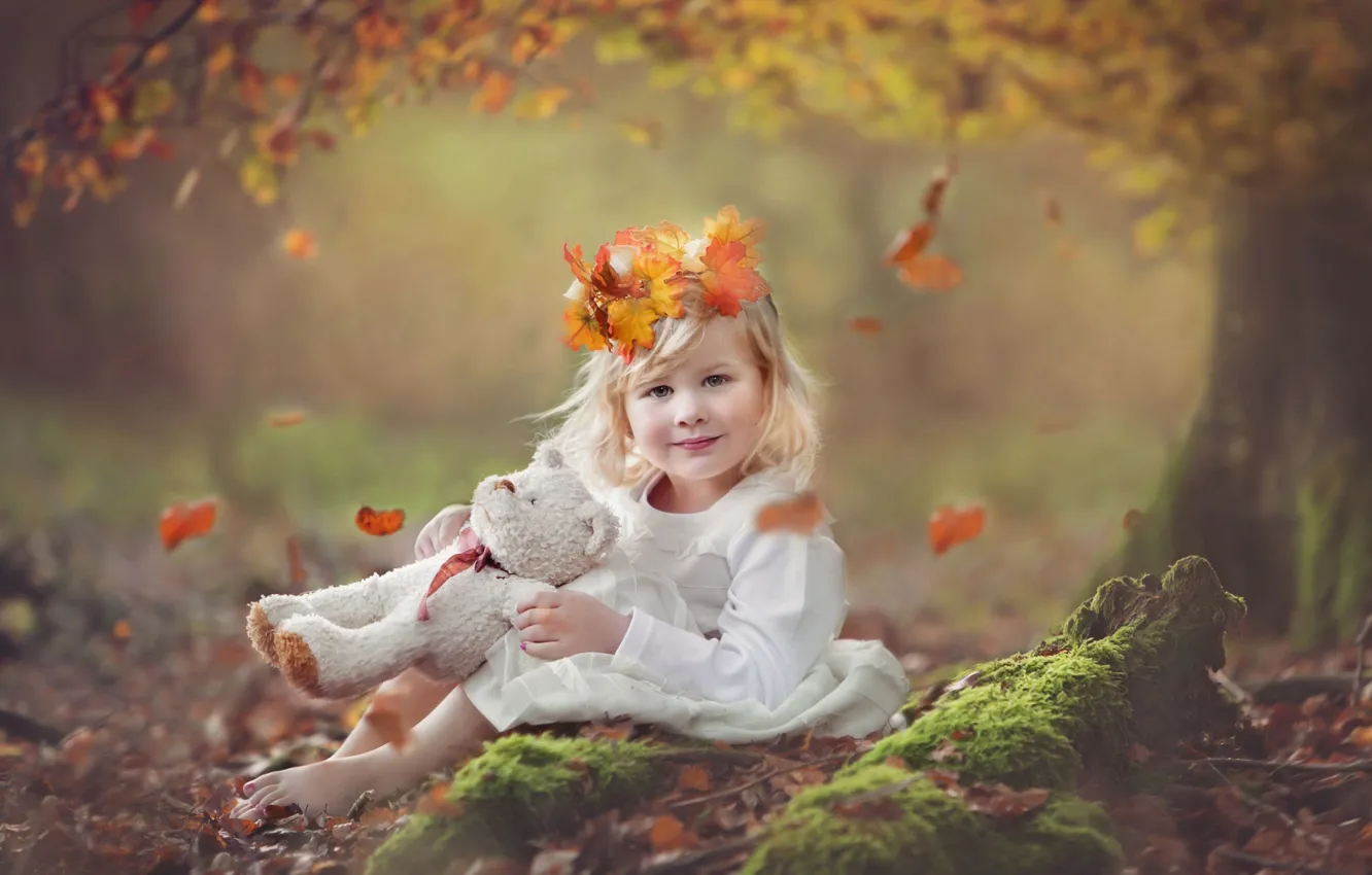 Photo wallpaper autumn, leaves, nature, tree, toy, bear, girl, plush