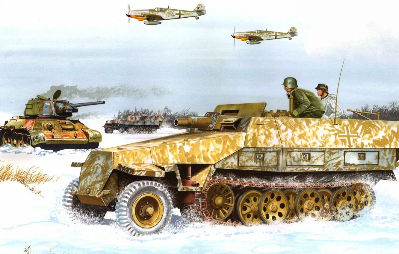 Photo wallpaper snow, figure, tank, the plane, the Germans, the Wehrmacht, APC, Don Greer