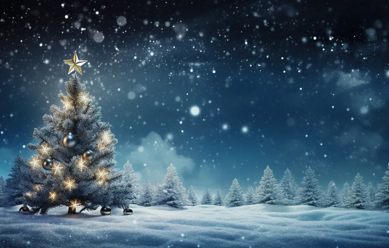 Photo wallpaper winter, forest, snow, night, lights, tree, new year, Christmas