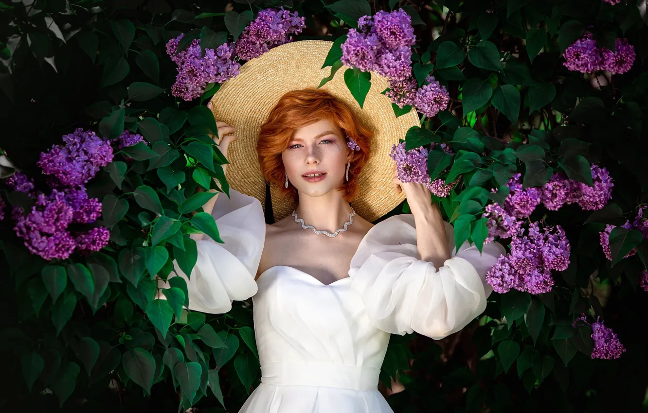 Photo wallpaper girl, hat, red, white dress, redhead, lilac, Anastasia Zhilina, Alexander Chuprina