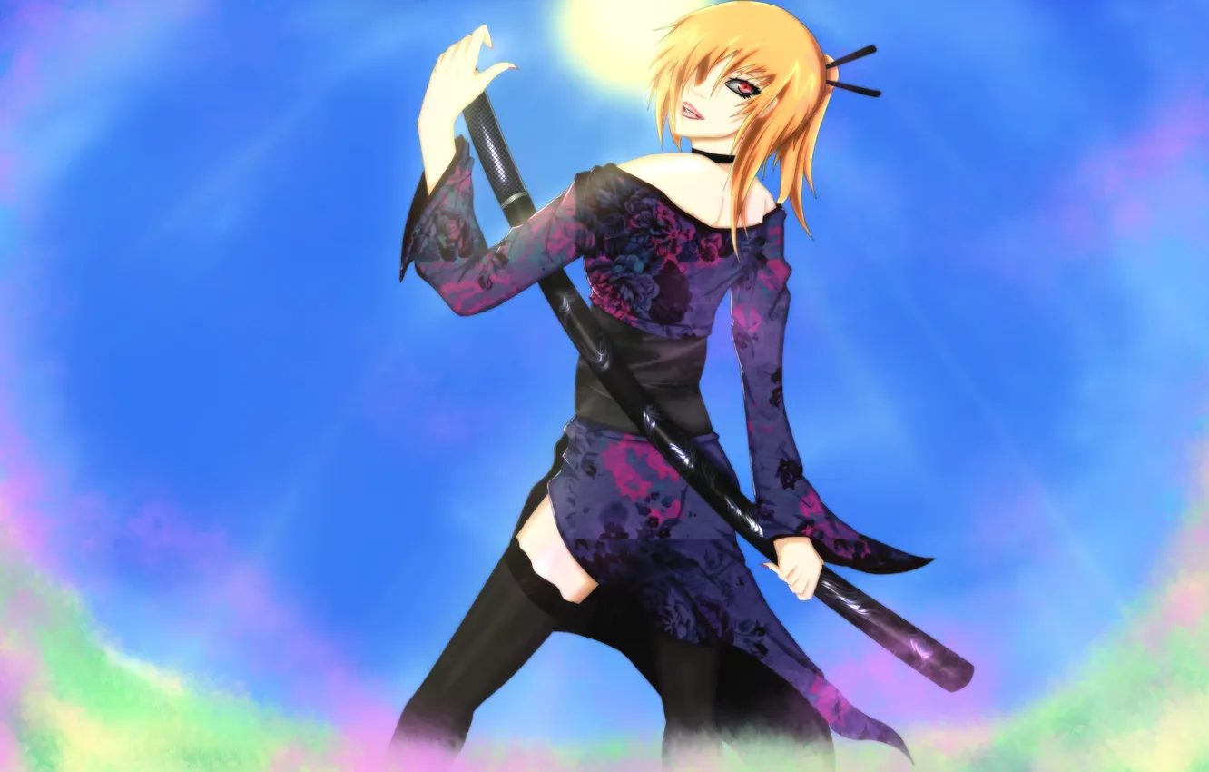 Photo wallpaper look, girl, the sun, smile, weapons, sword, art, Neiths