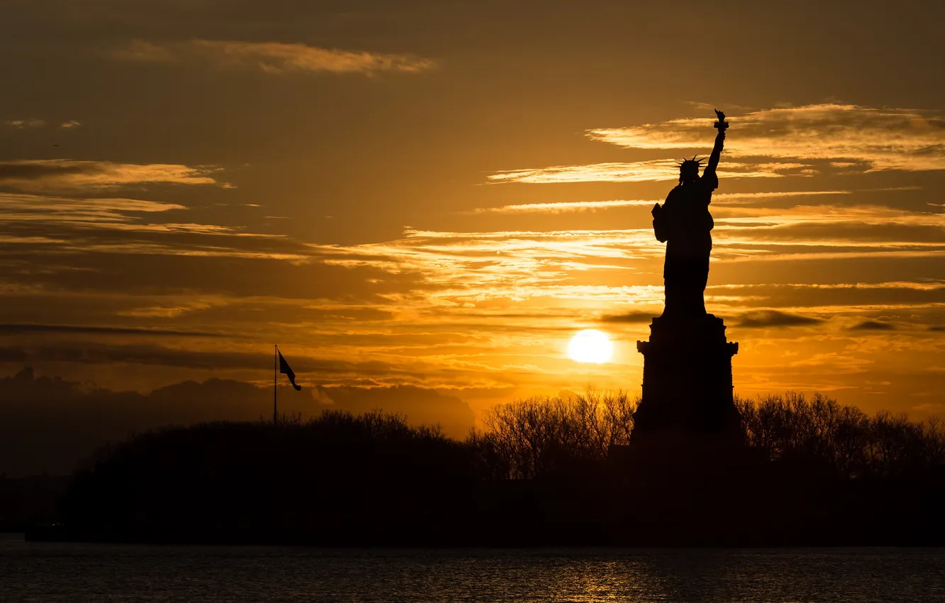 Photo wallpaper United States, sunrise, Statue of Liberty, silhouette, Lady Liberty