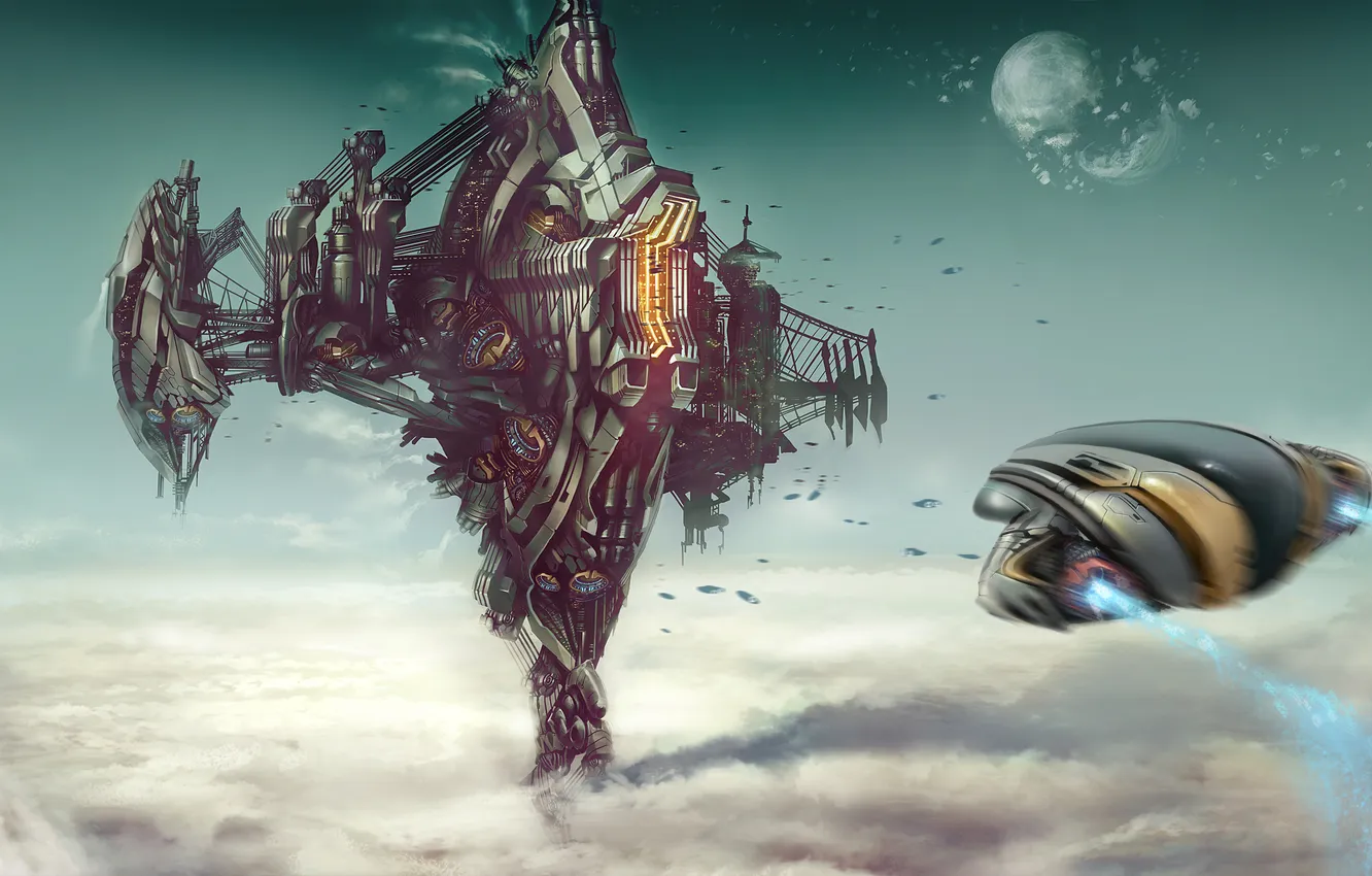 Photo wallpaper clouds, steel, Landing, construction, Spacecraft, powerful platform, Robert Simons
