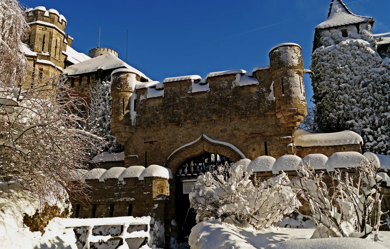 Photo wallpaper winter, snow, trees, nature, morning, Germany, Germany, The Lichtenstein Castle
