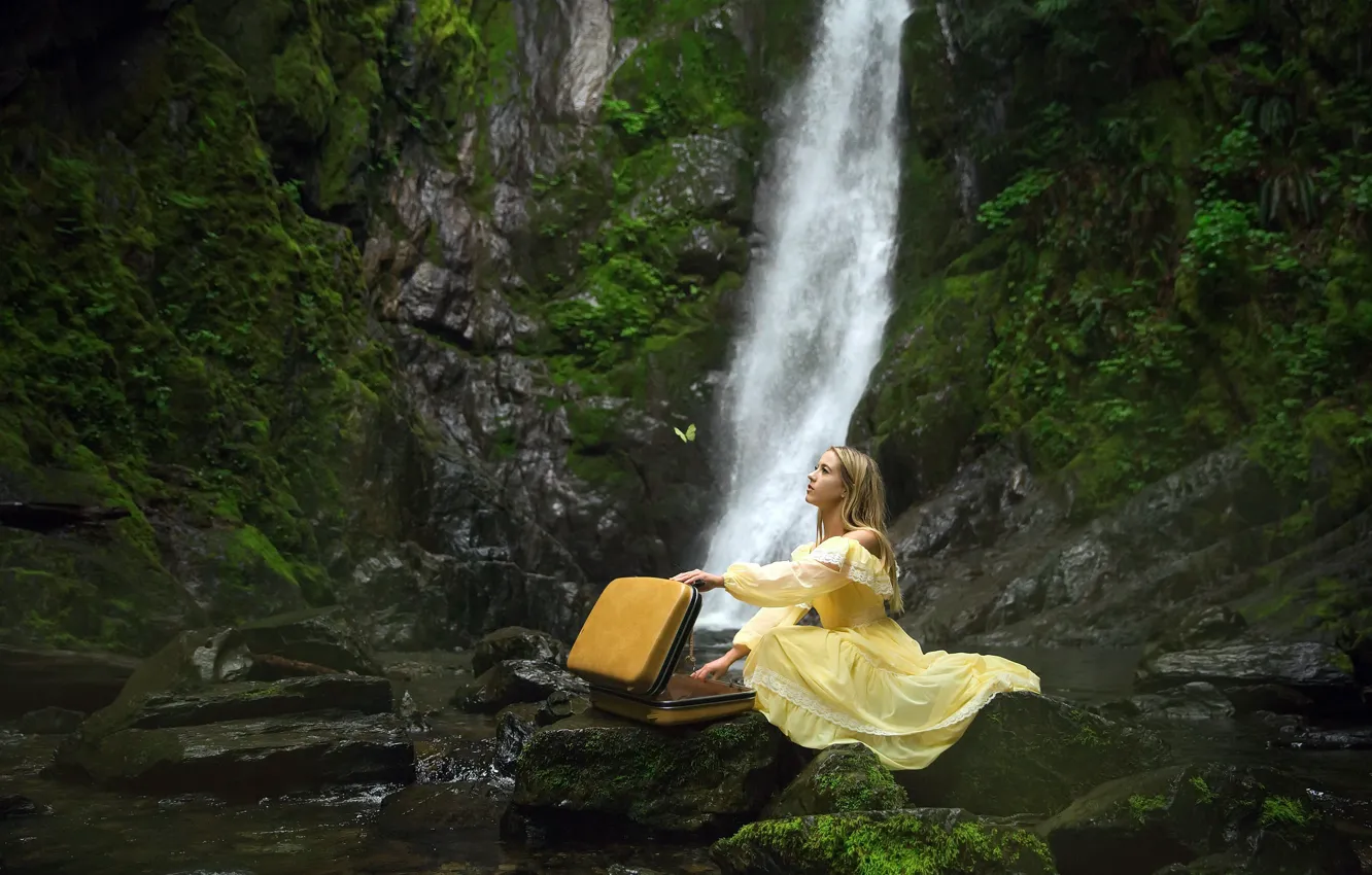 Photo wallpaper girl, waterfall, suitcase
