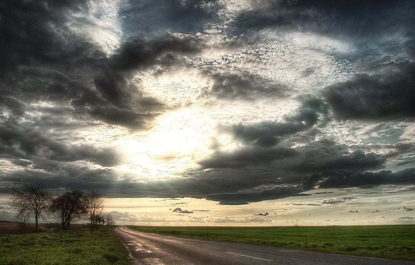 Photo wallpaper road, field, the sun, clouds