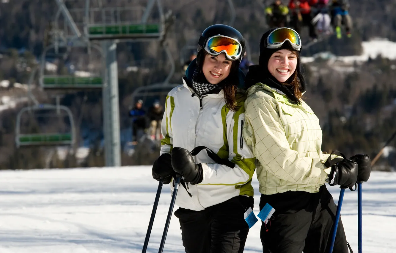 Photo wallpaper winter, girl, the sun, snow, smile, two, glasses, jacket
