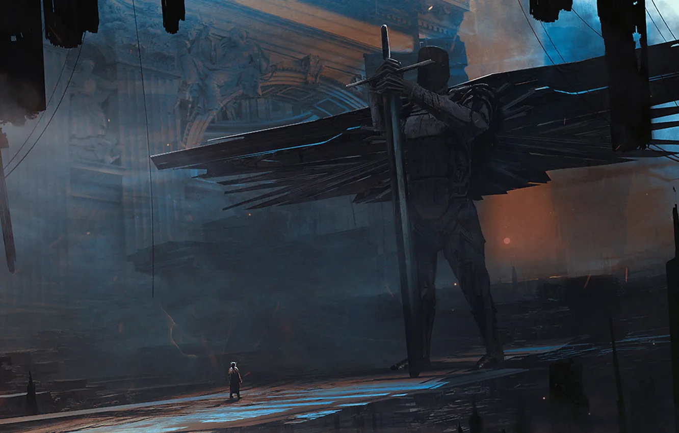 Photo wallpaper fantasy, people, wings, sword, helmet, armor, knight, Titan