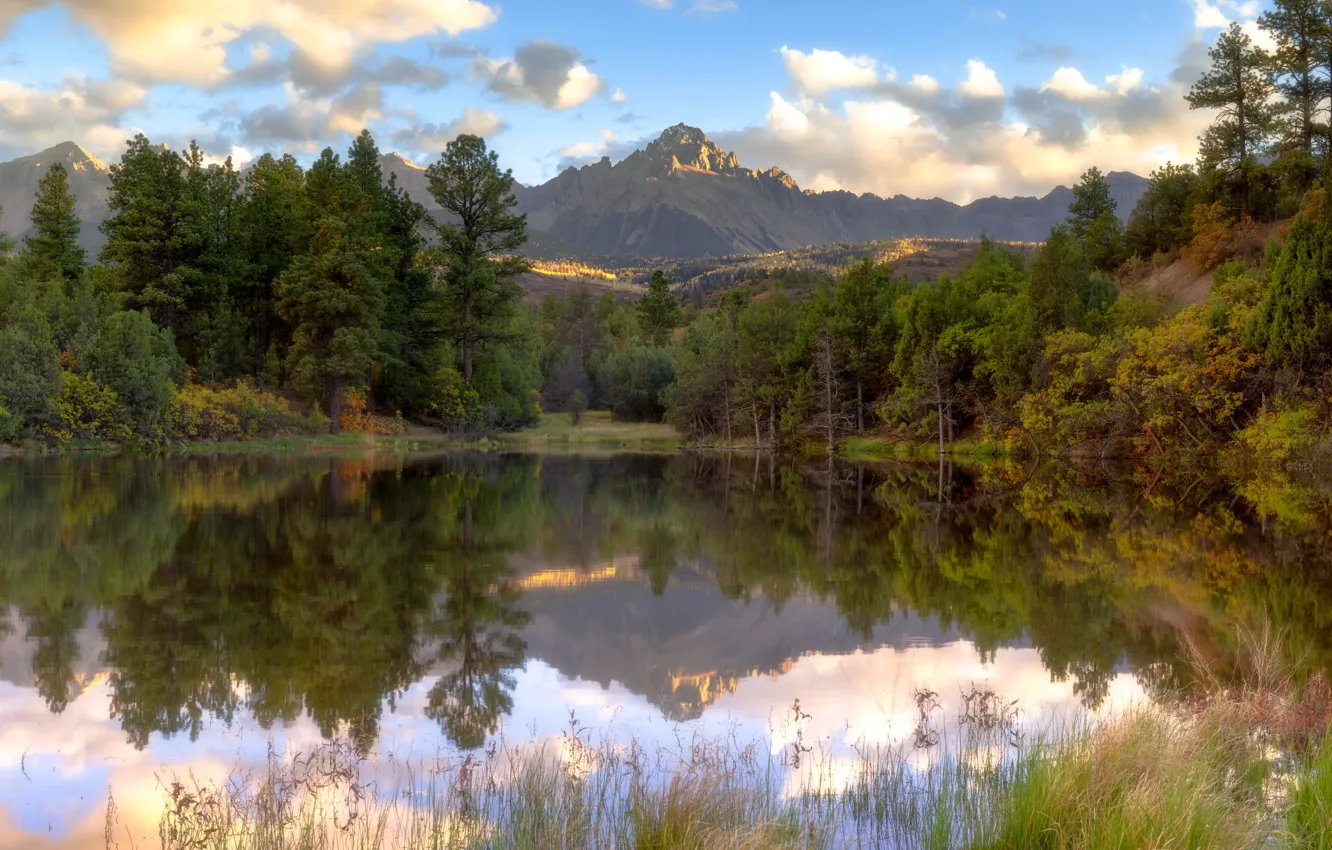 Photo wallpaper pond, reflection, mountains, forest