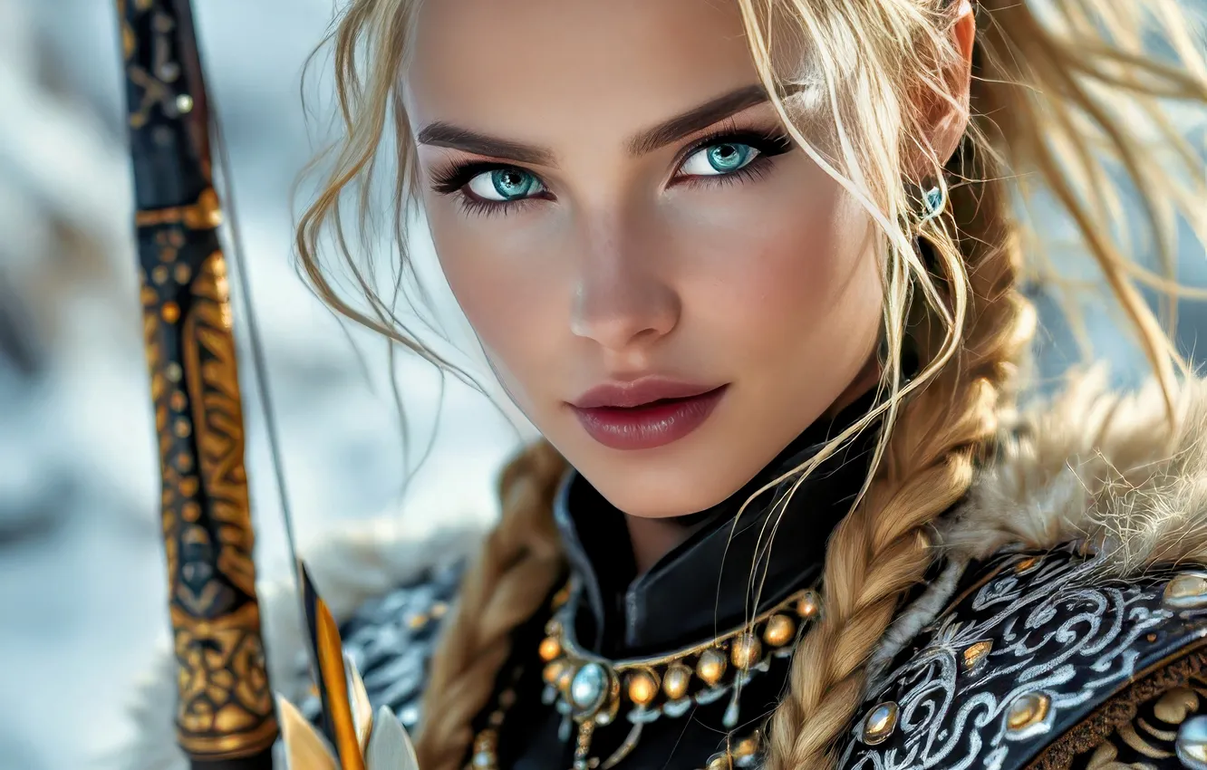 Photo wallpaper winter, look, girl, light, snow, face, weapons, pattern