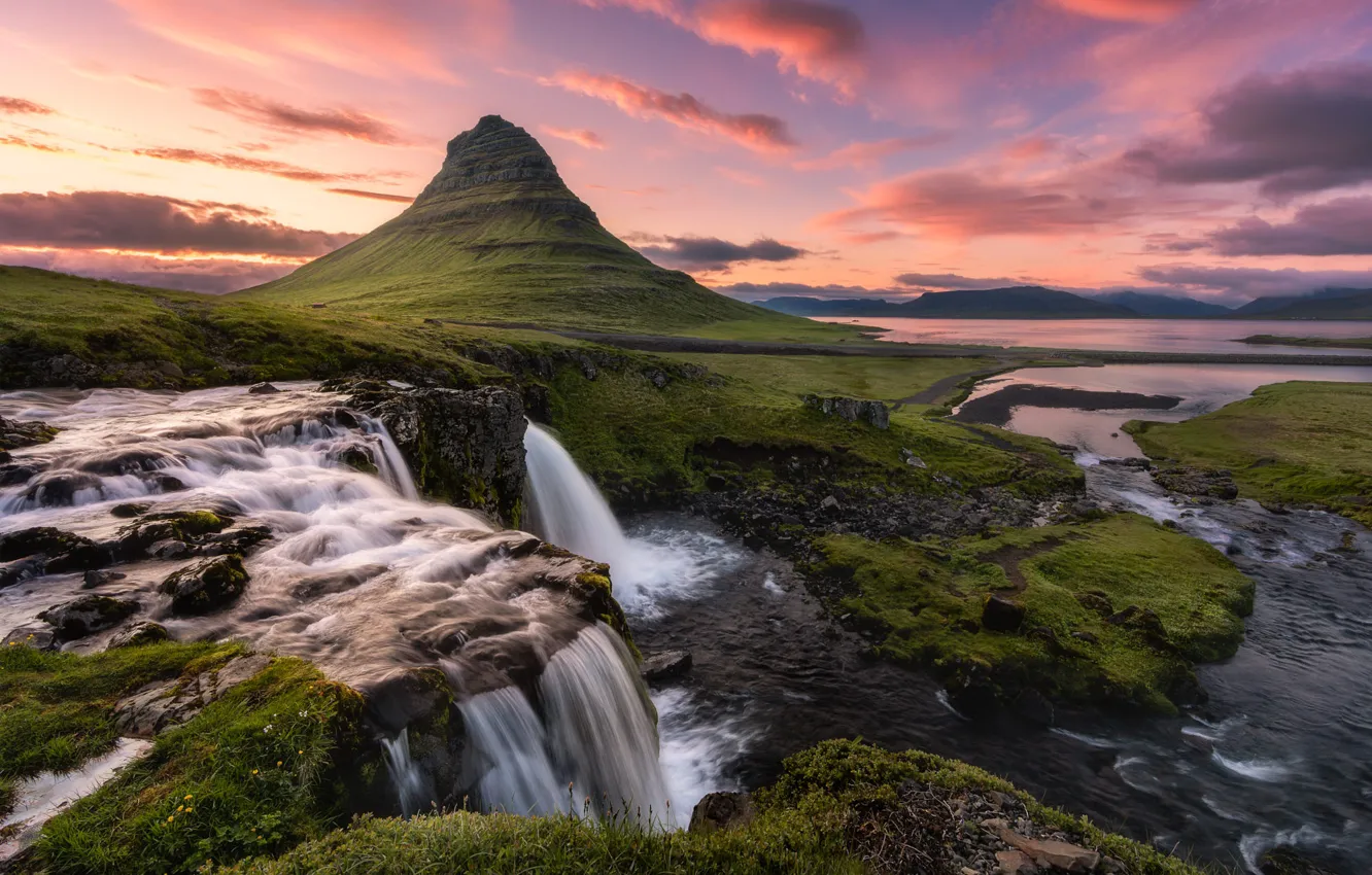 Photo wallpaper summer, clouds, sunset, mountains, stones, rocks, shore, waterfall