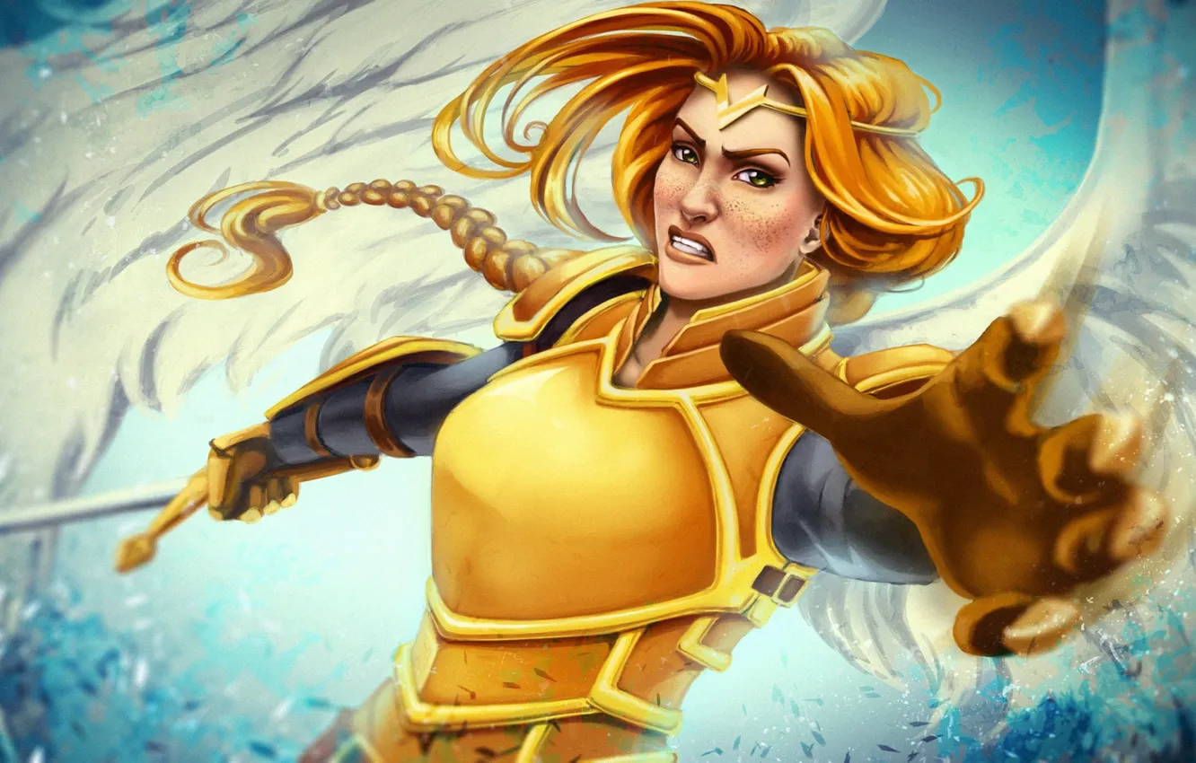 Photo wallpaper armor, face, sword, characters, armor, gold, sword, red
