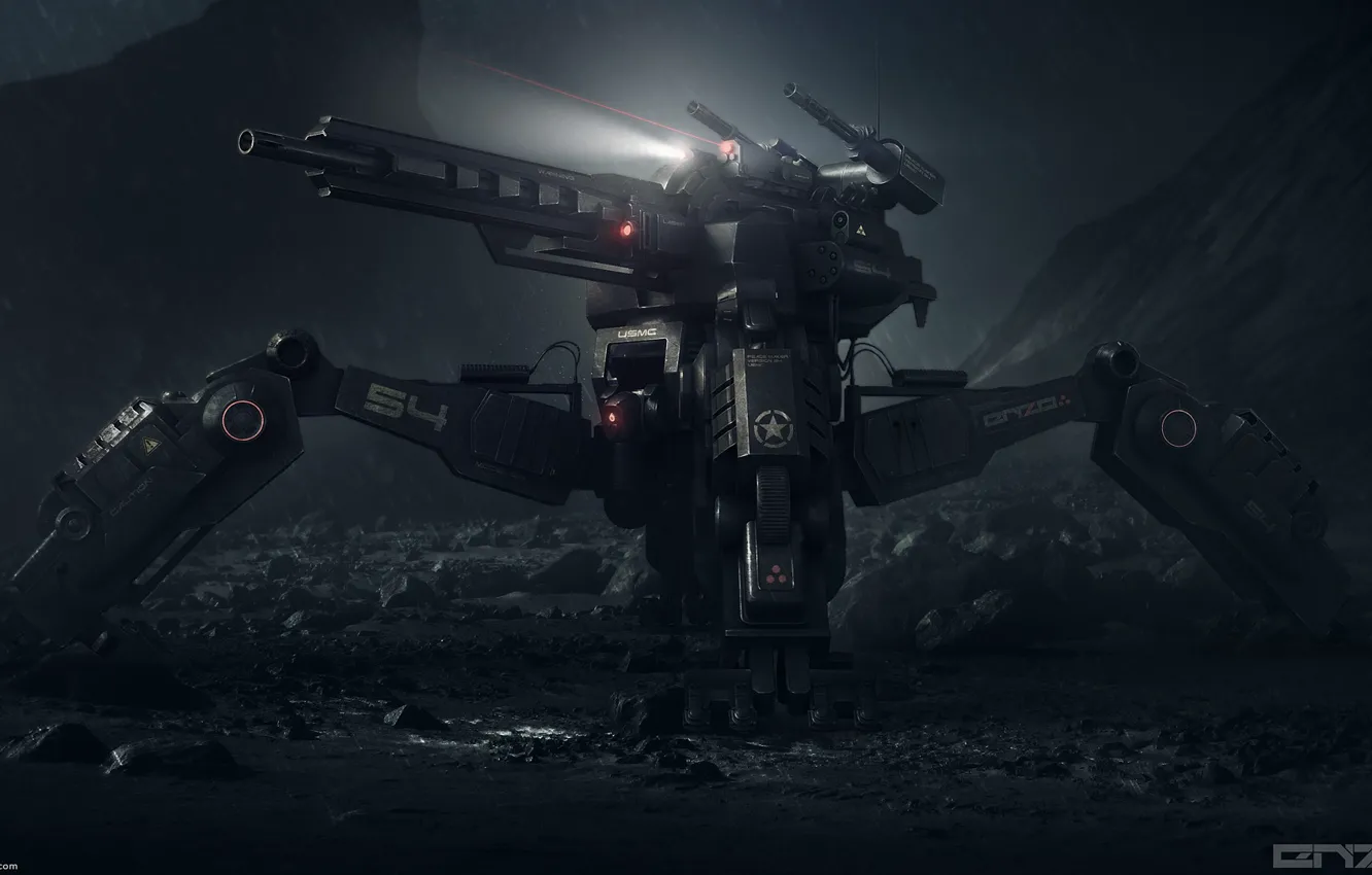 Photo wallpaper machine, rays, Military mech concept
