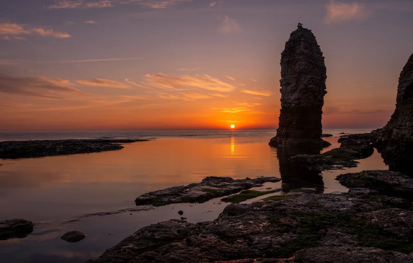 Photo wallpaper sea, the sun, sunset, rocks, shore, the evening