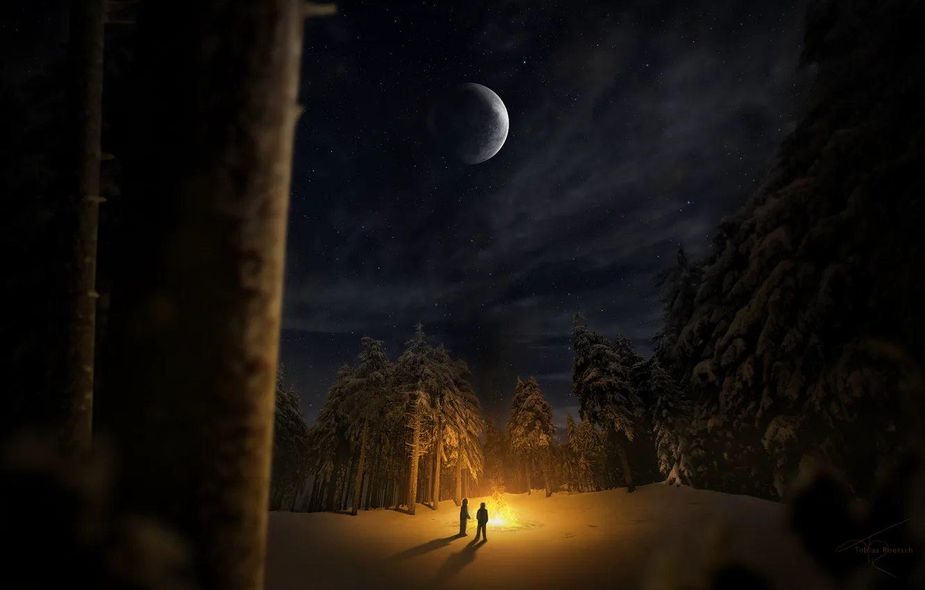 Photo wallpaper winter, forest, snow, trees, night, glade, people, the fire