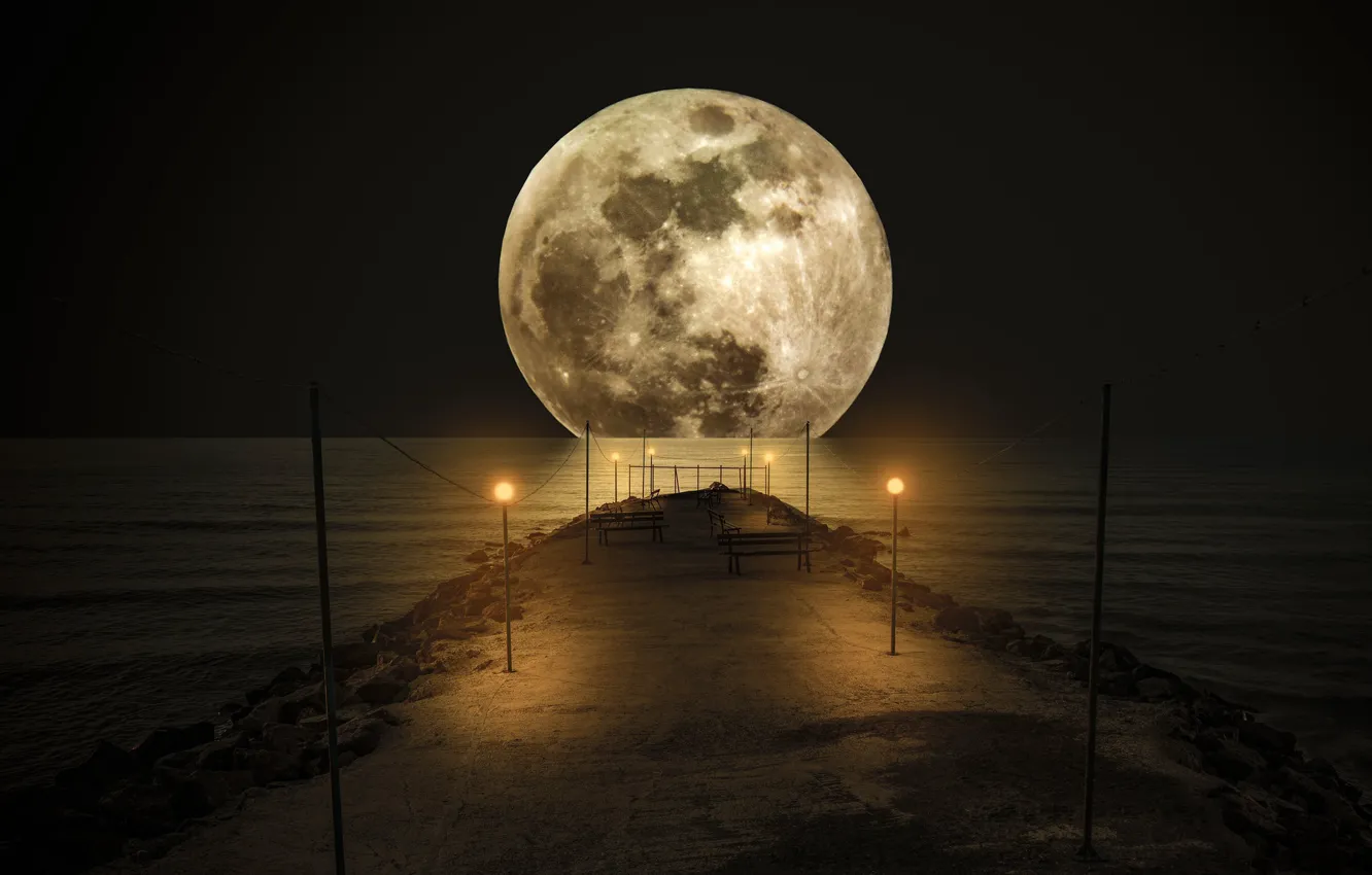 Photo wallpaper light, night, bridge, the moon, posts, wire, lights