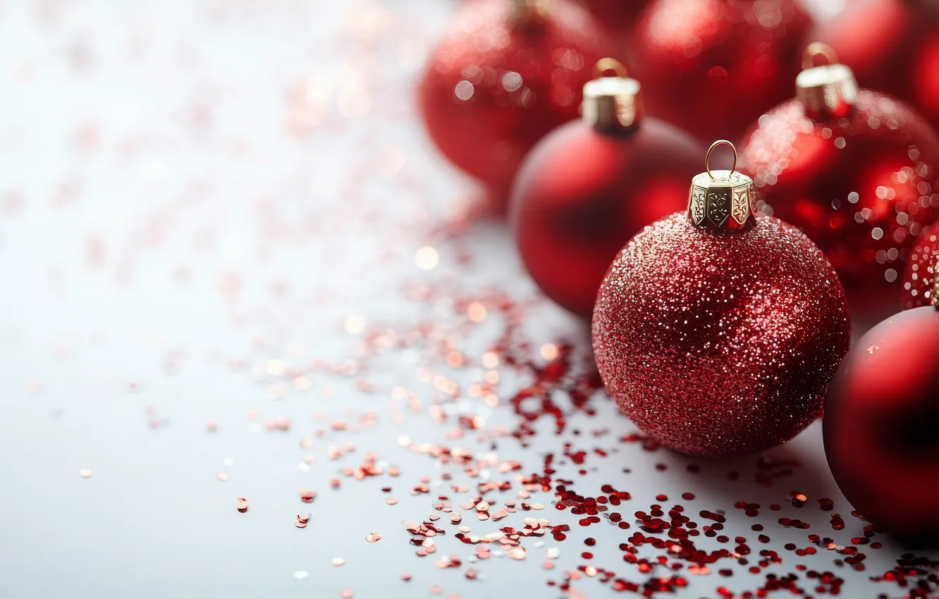 Photo wallpaper balls, red, holiday, new year, sequins, Christmas, white background, Christmas decorations