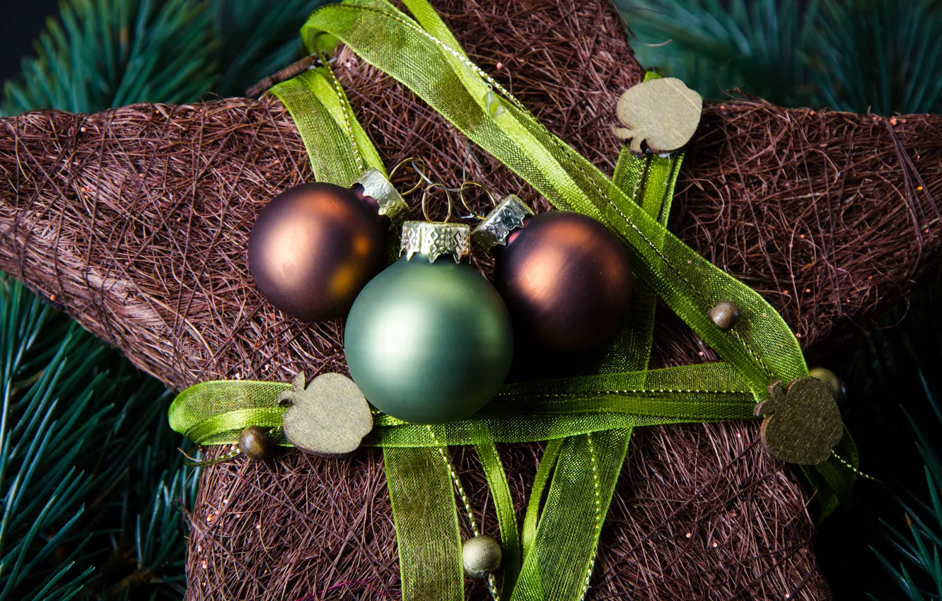Photo wallpaper balls, green, holiday, star, New Year, Christmas, decoration, brown
