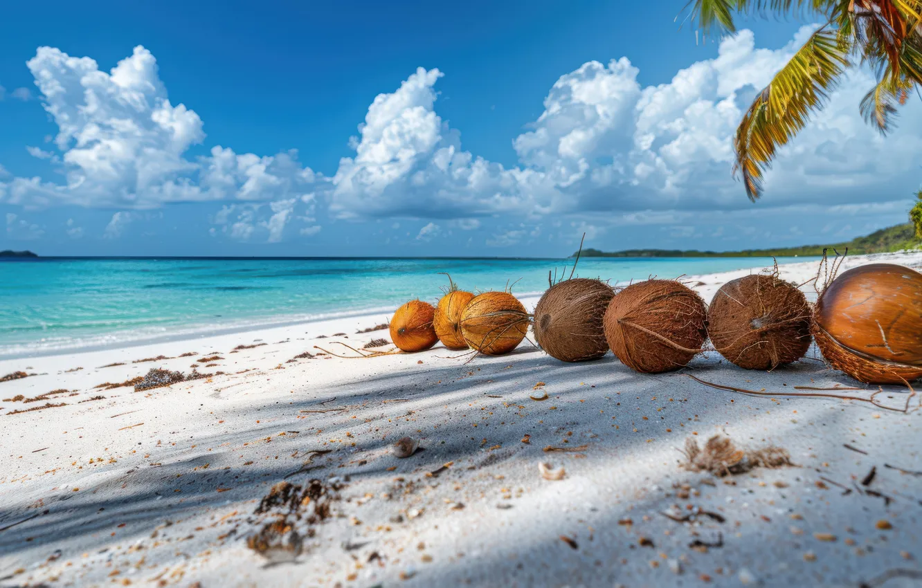 Photo wallpaper sand, sea, beach, summer, coconut, summer, beach, sea