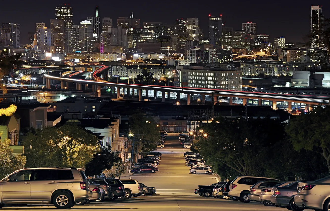 Photo wallpaper road, machine, night, the city, lights, home, slide, San Francisco