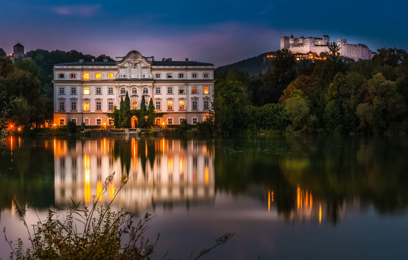 Photo wallpaper trees, lake, reflection, castle, Austria, fortress, Palace, Austria