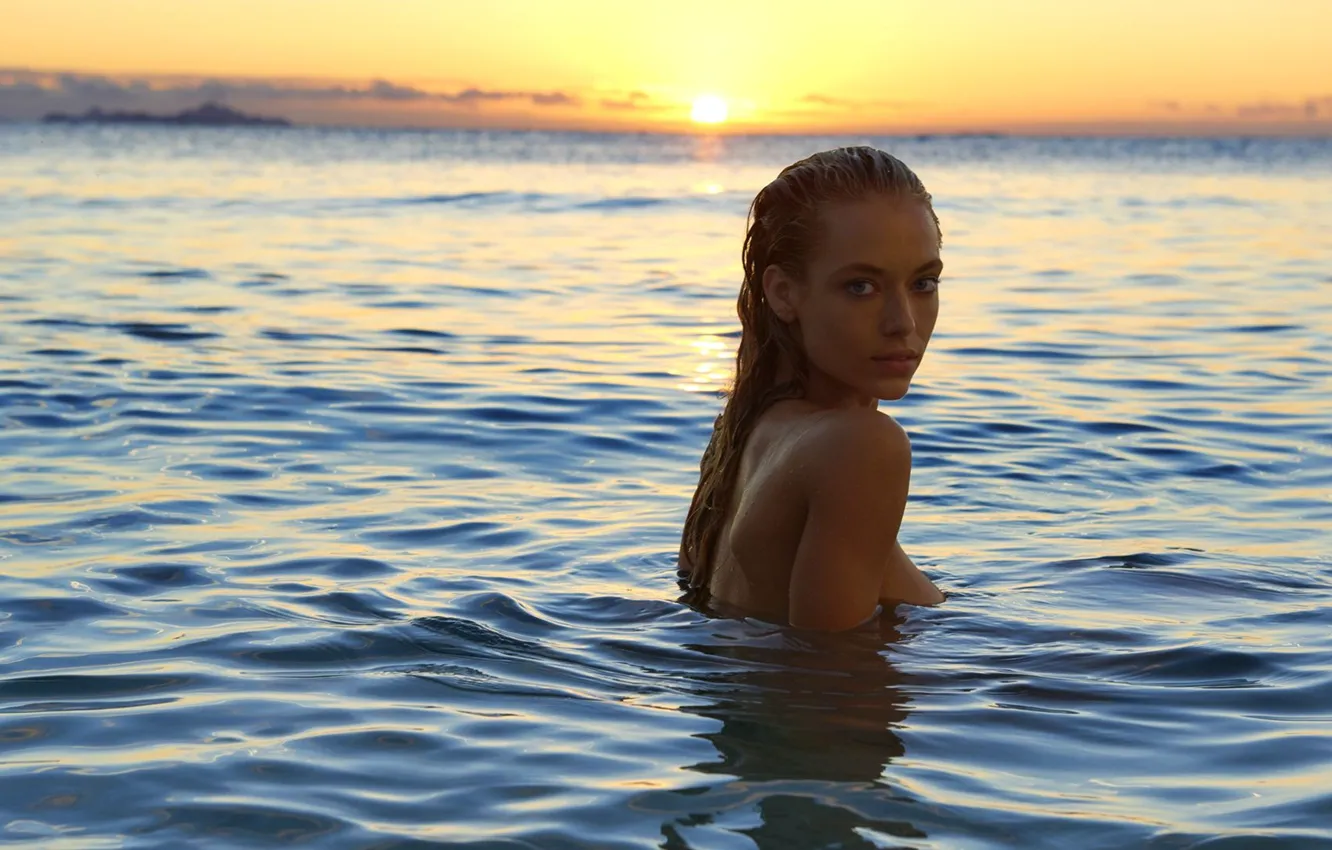 Photo wallpaper sea, sunset, model, look, Sports Illustrated, Hannah Ferguson, Swimsuit Issue