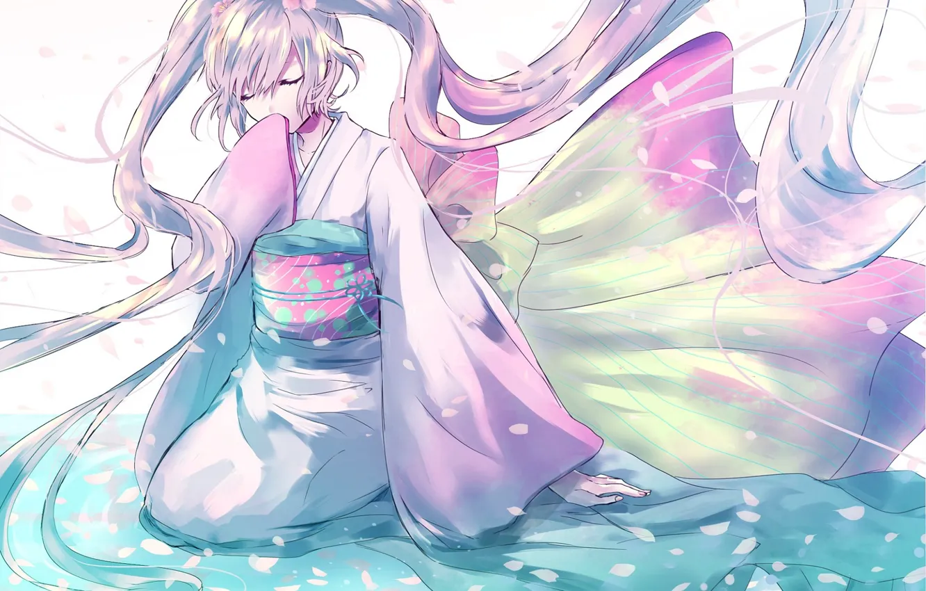 Photo wallpaper the wind, belt, kimono, vocaloid, hatsune miku, long hair, Vocaloid, closed eyes