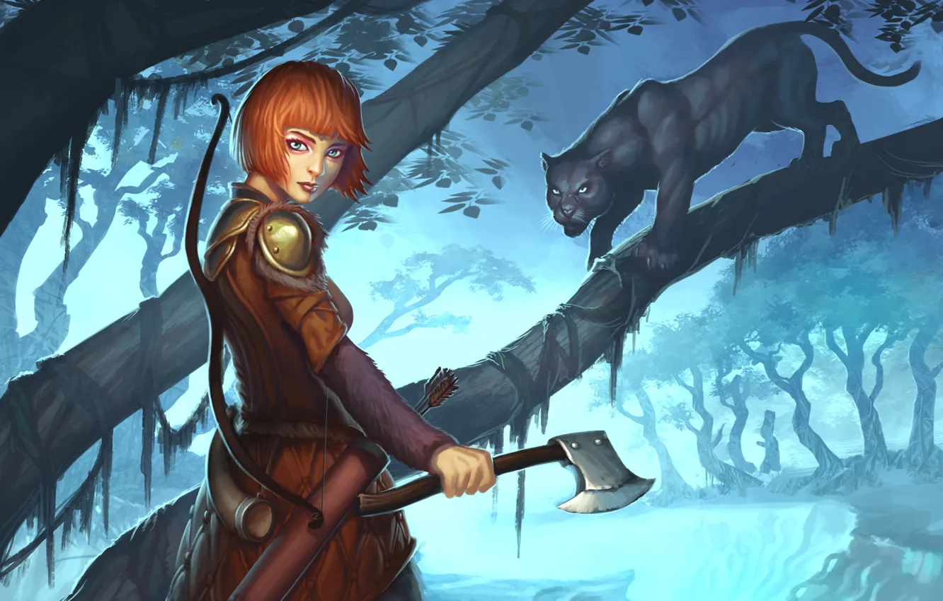 Photo wallpaper cat, girl, weapons, tree, Panther, art, Guild Wars 2, Ranger