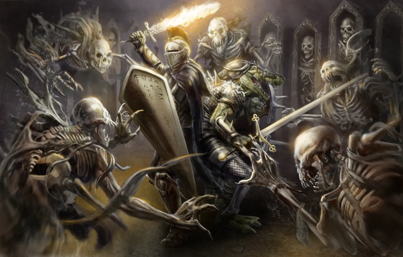 Photo wallpaper lights, weapons, sword, armor, crocodile, art, skeleton, helmet