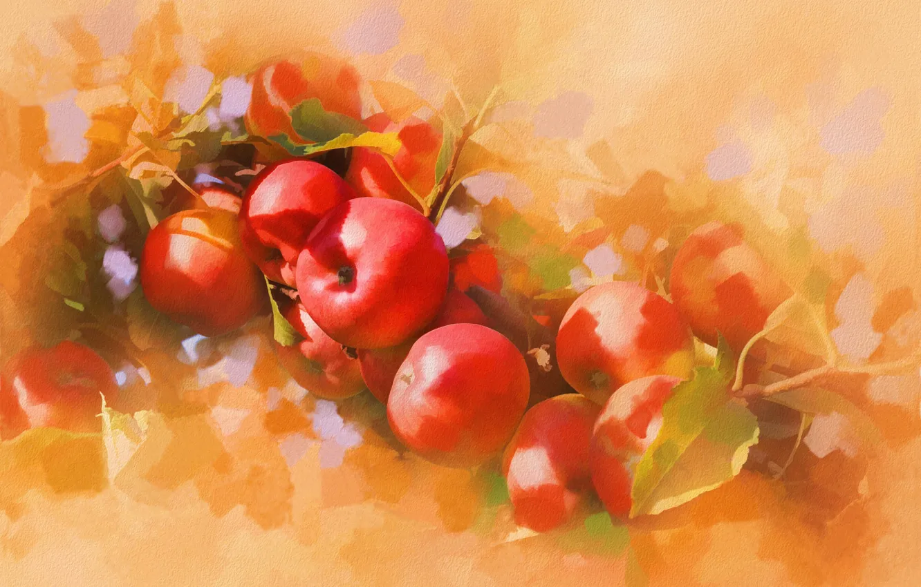 Photo wallpaper apples, picture, art, painting, painting, ruddy, apples, liquid