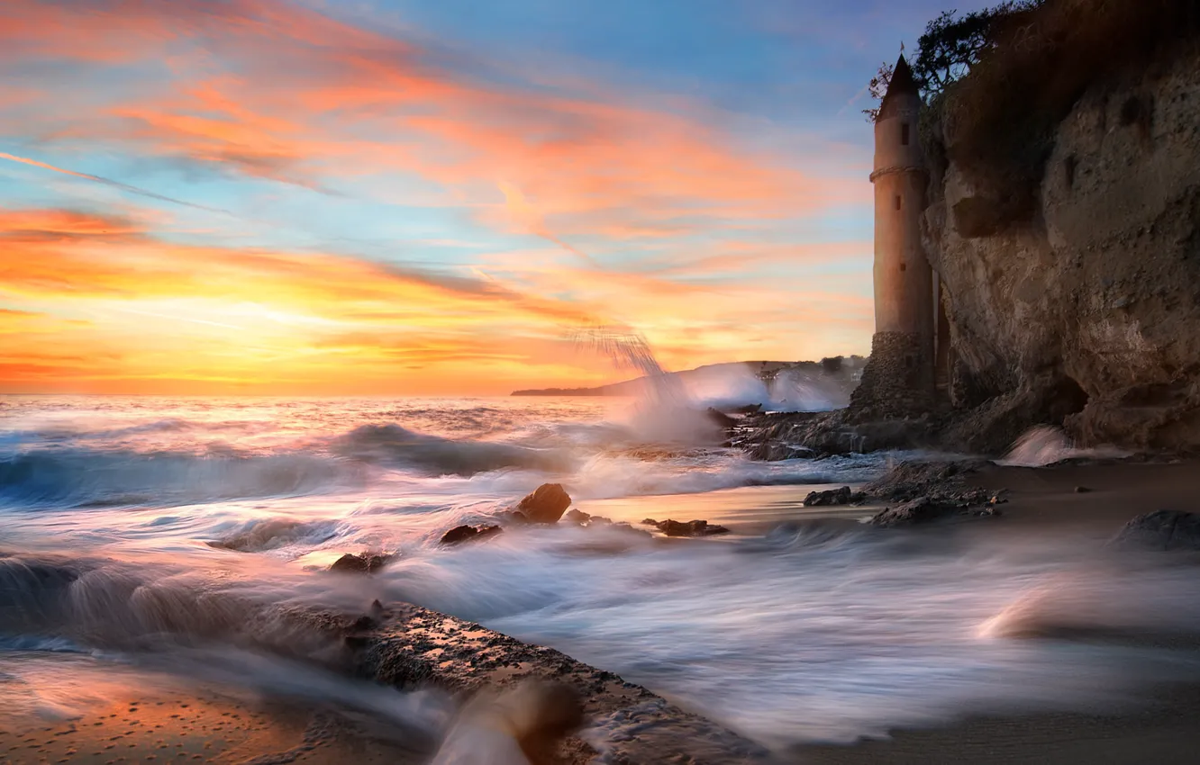 Photo wallpaper sea, the sky, clouds, sunset, nature, rocks, California