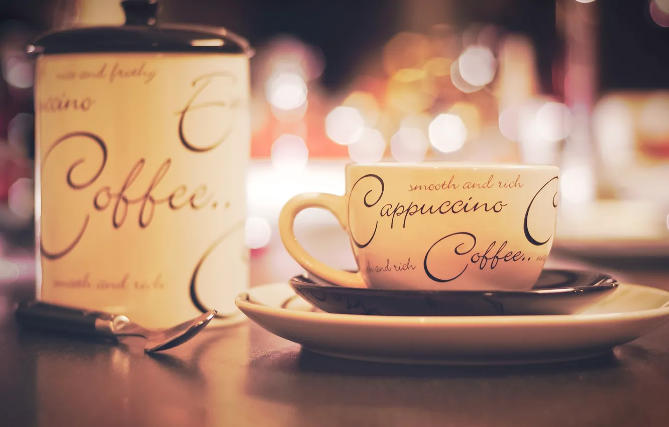 Photo wallpaper labels, table, plate, spoon, Cup, saucer, bokeh, coffee