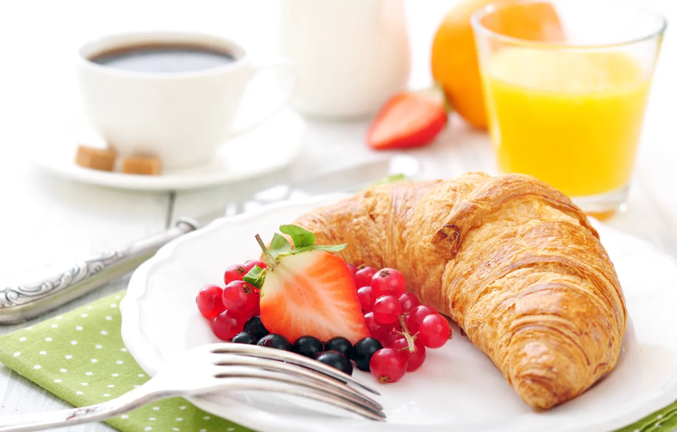 Photo wallpaper coffee, Breakfast, strawberry, cakes, growing, breakfast, croissant